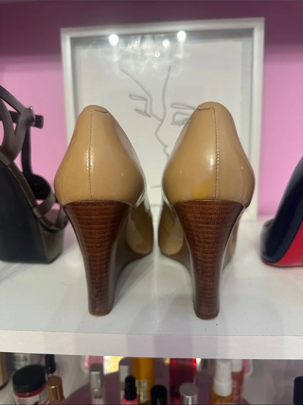 Tory Burch Nude Patent Peep-Toe Flats with Gold Logo